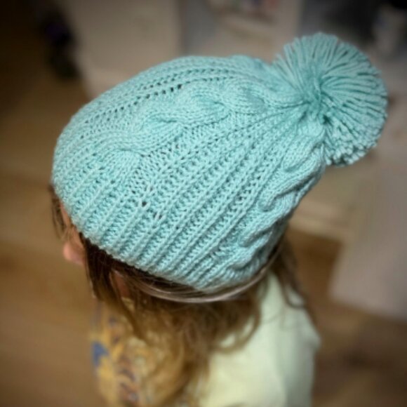 Hand-Knitted Winter Hat with Pom-Pom – Soft Blue Cable Beanie - Picture 4 of 12